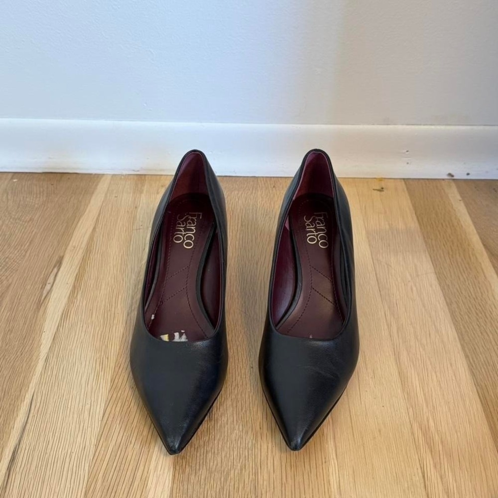 Franco Sarto Black Leather Pointed Toe Wedge Kitten Heels